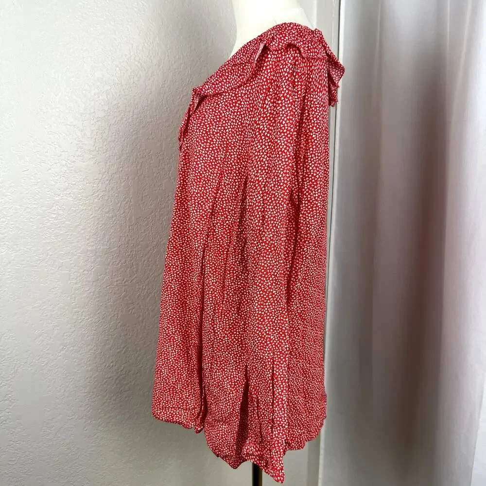 Loft Top Womens 18 Red Heart Print Ruffle Trim Peasant Boho Chic Romantic Flowy - Picture 5 of 11